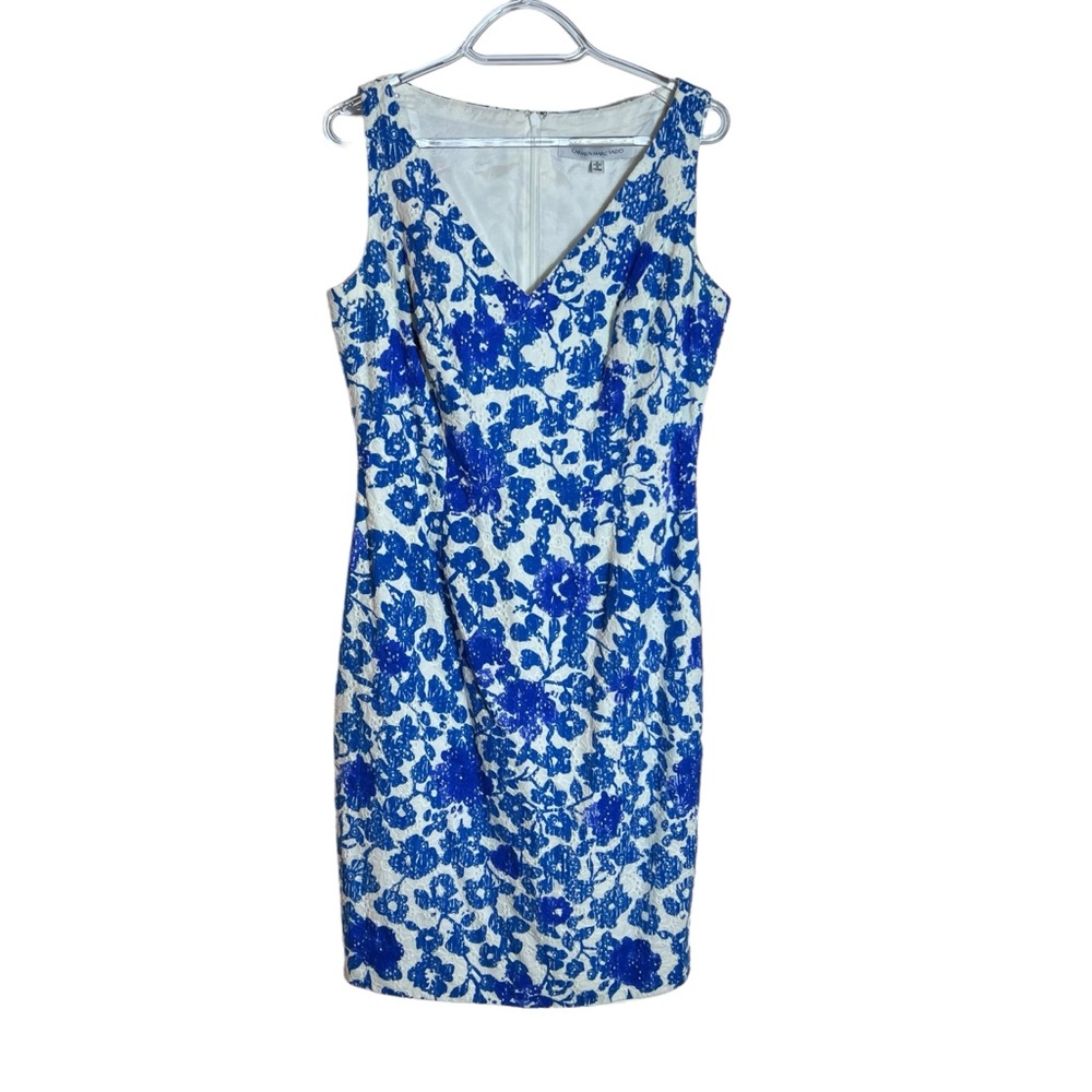 Carmen Marc Valvo Cotton Eyelet Blue White Floral Sheath Dress, Size 8